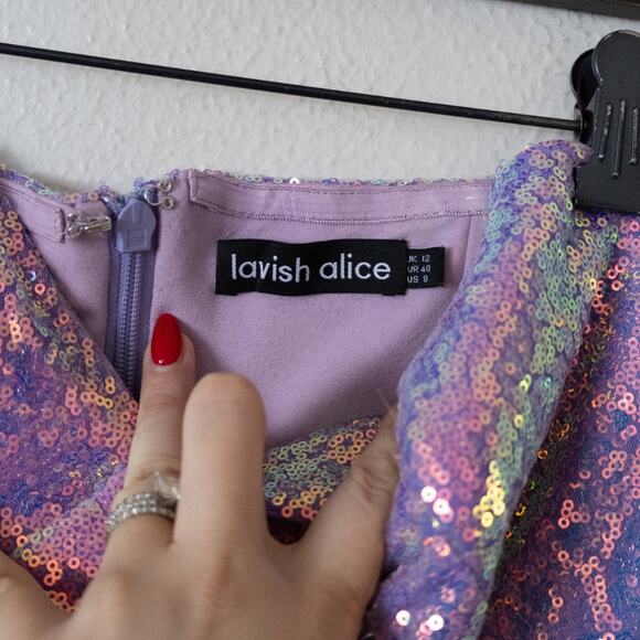 Lavish Alice Women's Purple Sequin Strapless Feather Trim Dress - Picture 4 of 6